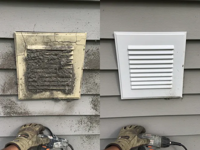North Miami Dryer Vent Cleaning technician installing high-quality dryer vent cover at a residential property in North Miami