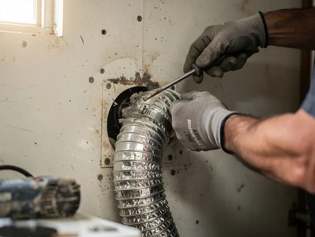North Miami Dryer Vent Cleaning technician performing precise dryer vent hose installation in North Miami